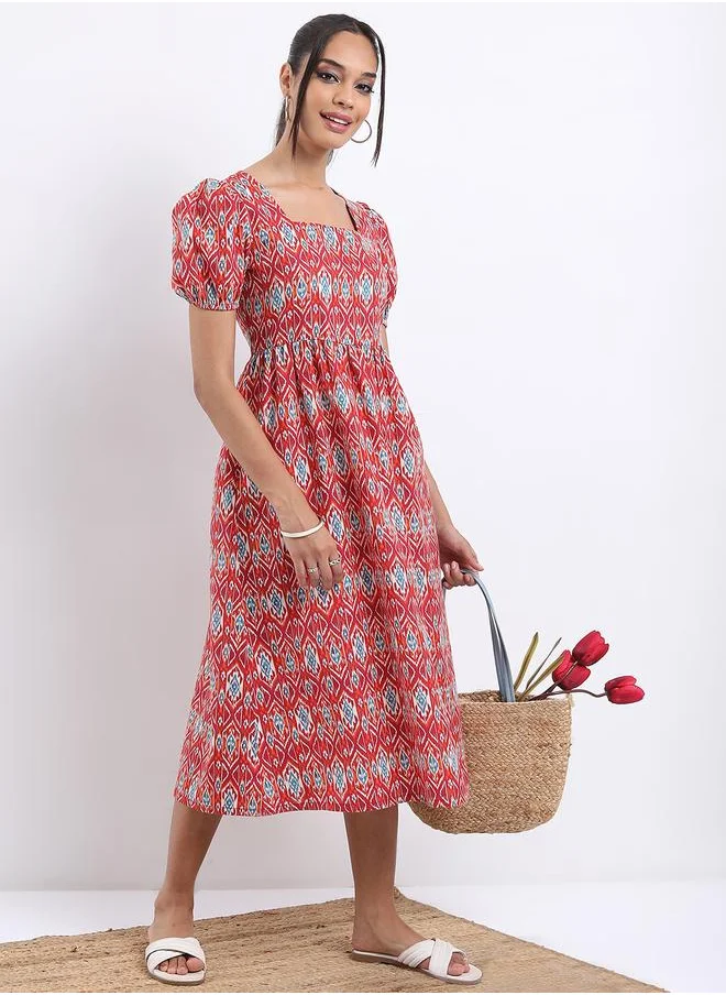 فيشود Vishudh Ethnic Motifs Printed Square Neck A-Line Midi Dress