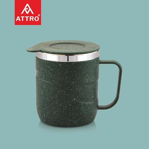 ATTRO Brew Mug – Stainless Steel Inner with eco Friendly Outer Body Durable Stylish, Microwave Safe Coffee/Tea Mug with Handle & Lid, Ideal for Home, Office, Travel & Gifting-300ml-Miltary Green - Image 2