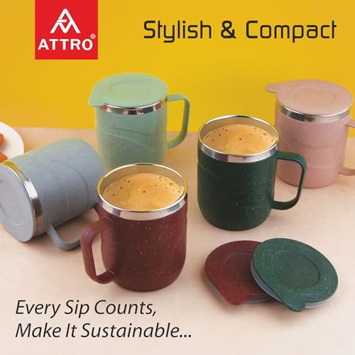 ATTRO Brew Mug – Stainless Steel Inner with eco Friendly Outer Body Durable Stylish, Microwave Safe Coffee/Tea Mug with Handle & Lid, Ideal for Home, Office, Travel & Gifting-300ml-Miltary Green - Image 4