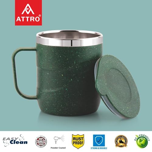 ATTRO Brew Mug – Stainless Steel Inner with eco Friendly Outer Body Durable Stylish, Microwave Safe Coffee/Tea Mug with Handle & Lid, Ideal for Home, Office, Travel & Gifting-300ml-Miltary Green - Image 3