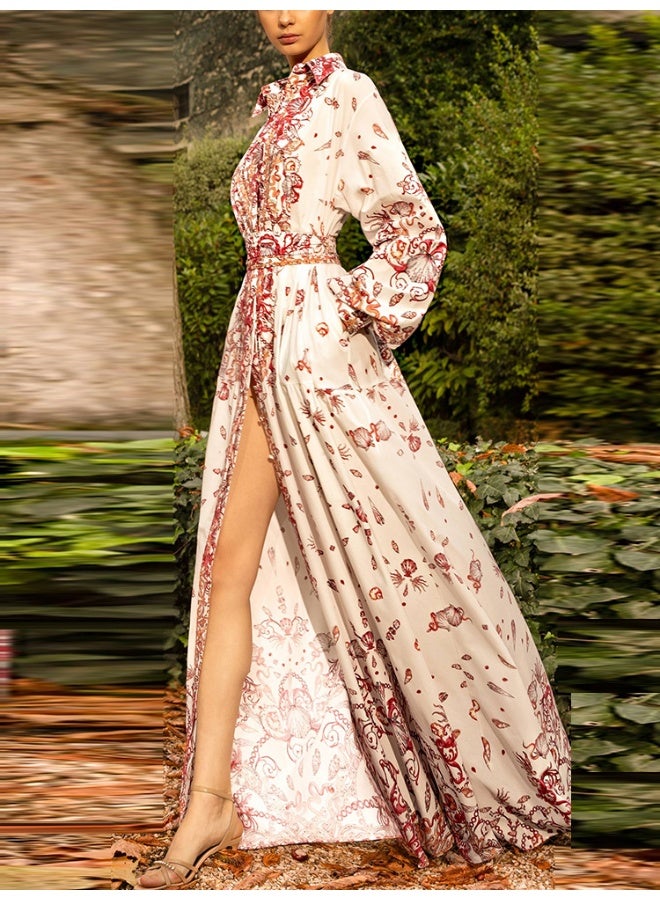 Madam Uniq Artistic Printed Long - Sleeve High - Slit Tie - Waist Maxi Dress  - Image 1
