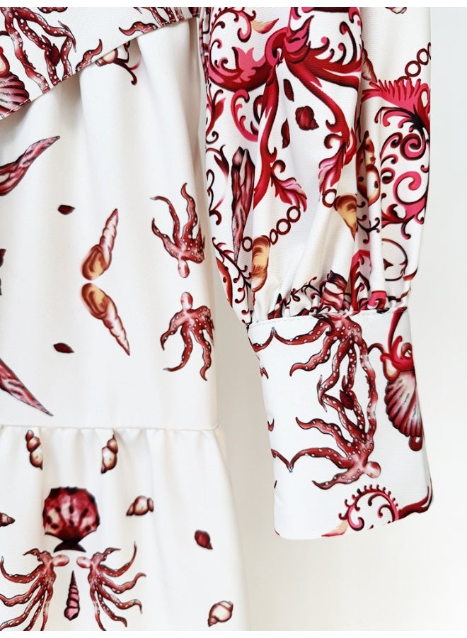 Madam Uniq Artistic Printed Long - Sleeve High - Slit Tie - Waist Maxi Dress  - Image 5