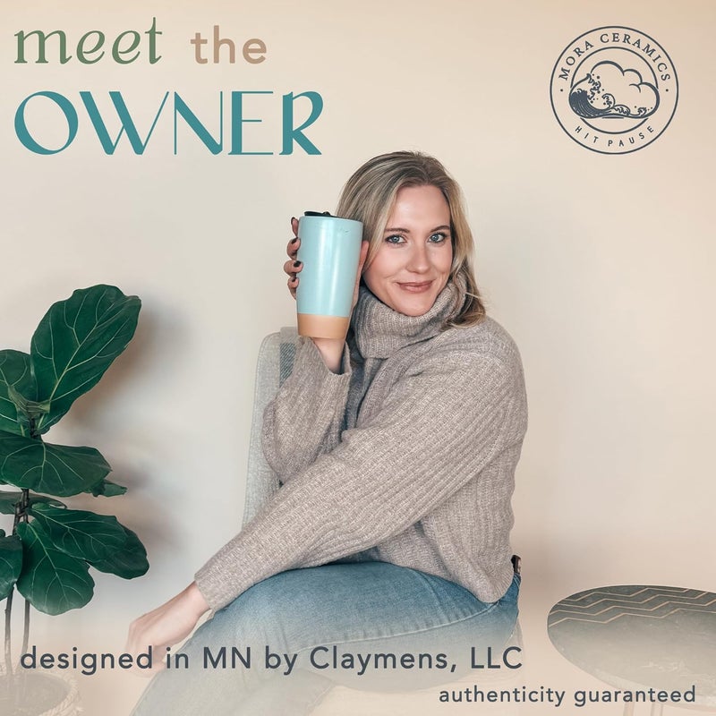 Mora Double Wall Ceramic Coffee Travel Mug with Lid, 14 oz, Portable, Microwave, Dishwasher Safe, Insulated Reusable Tall Cup, Splash Resistant Lid - To Go Tumbler for Car Cup Holder, Seafoam - Image 3