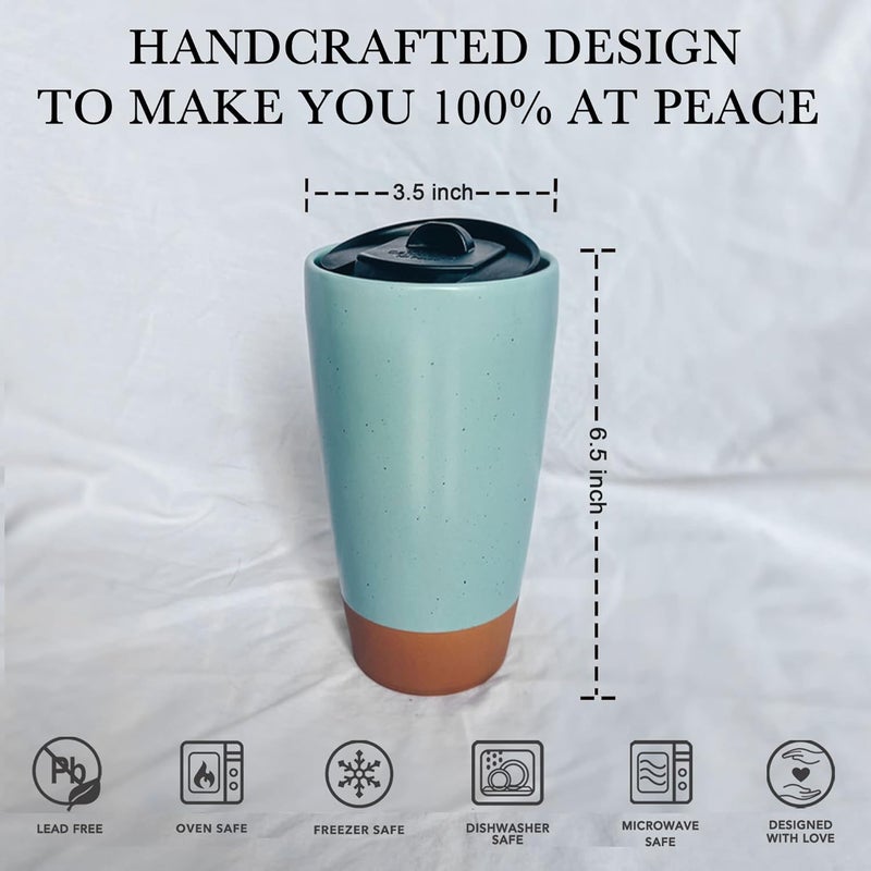 Mora Double Wall Ceramic Coffee Travel Mug with Lid, 14 oz, Portable, Microwave, Dishwasher Safe, Insulated Reusable Tall Cup, Splash Resistant Lid - To Go Tumbler for Car Cup Holder, Seafoam - Image 2
