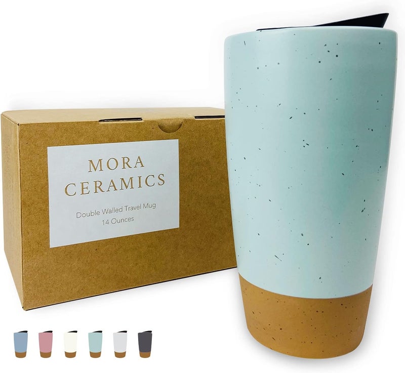 Mora Double Wall Ceramic Coffee Travel Mug with Lid, 14 oz, Portable, Microwave, Dishwasher Safe, Insulated Reusable Tall Cup, Splash Resistant Lid - To Go Tumbler for Car Cup Holder, Seafoam - Image 1