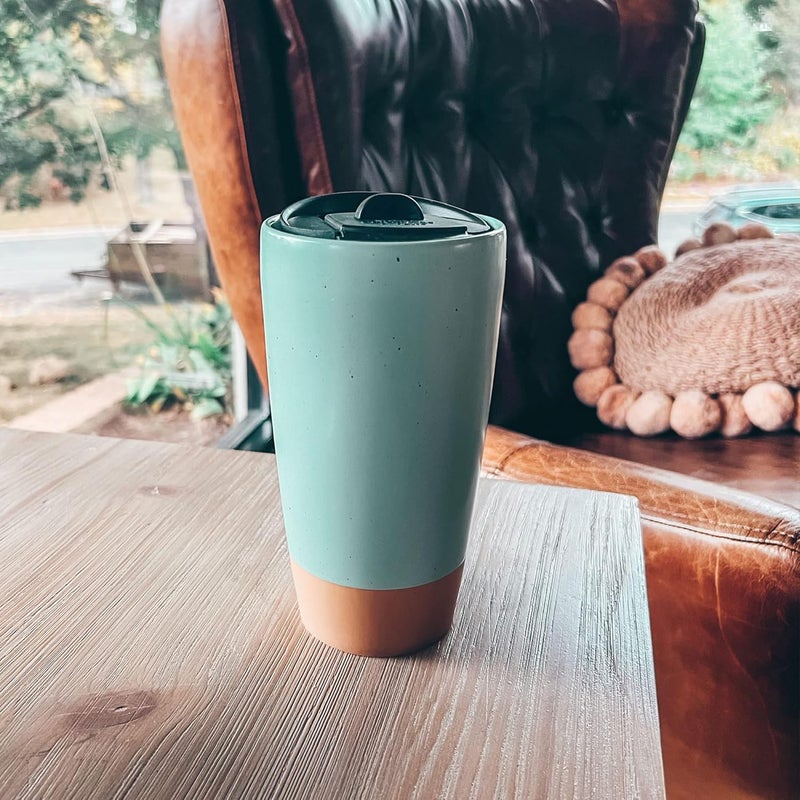 Mora Double Wall Ceramic Coffee Travel Mug with Lid, 14 oz, Portable, Microwave, Dishwasher Safe, Insulated Reusable Tall Cup, Splash Resistant Lid - To Go Tumbler for Car Cup Holder, Seafoam - Image 5