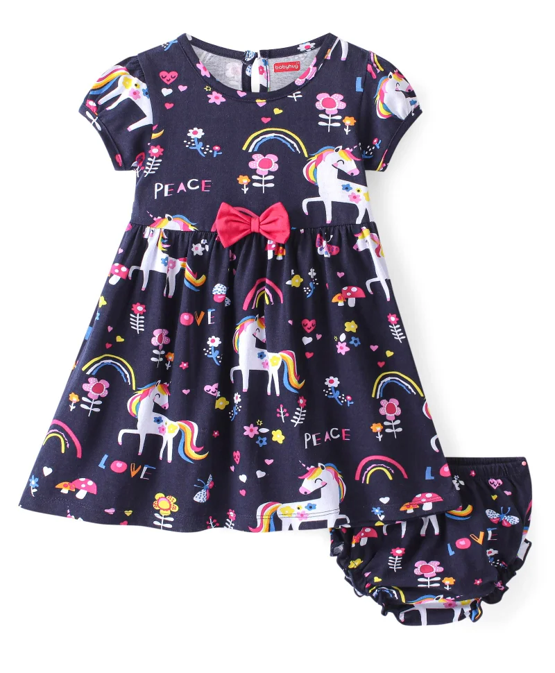 babyhug Babyhug Cotton  Knit Half Sleeves Frock With Bloomer Unicorn Printed - Navy Blue