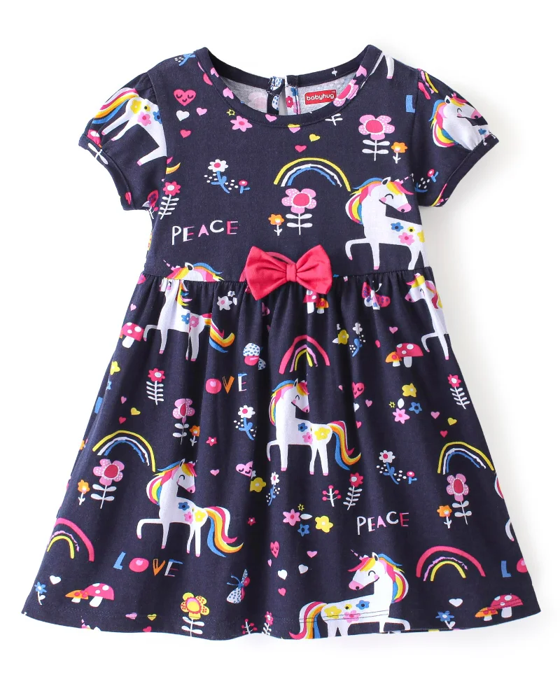babyhug Babyhug Cotton  Knit Half Sleeves Frock With Bloomer Unicorn Printed - Navy Blue