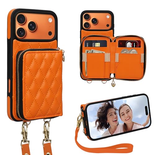 Keallce for iPhone 17 Pro Max 6.9'' Wallet Case, Crossbody Zipper Purse with Wristlet for Women, RFID Blocking Card Holders, Flip Leather Case for iPhone 17 Pro Max, Orange - Image 1