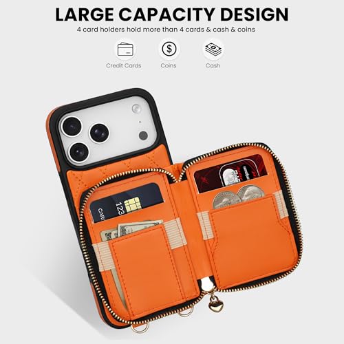 Keallce for iPhone 17 Pro Max 6.9'' Wallet Case, Crossbody Zipper Purse with Wristlet for Women, RFID Blocking Card Holders, Flip Leather Case for iPhone 17 Pro Max, Orange - Image 2