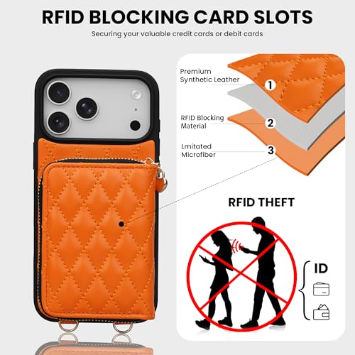 Keallce for iPhone 17 Pro Max 6.9'' Wallet Case, Crossbody Zipper Purse with Wristlet for Women, RFID Blocking Card Holders, Flip Leather Case for iPhone 17 Pro Max, Orange - Image 4