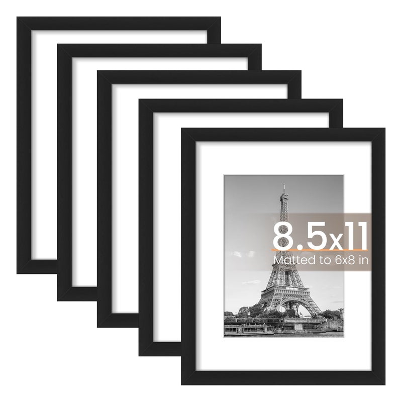 upsimples upsimples 8.5x11 Picture Frame Set of 5  Display Pictures 6x8 with Mat or 8.5x11 Without Mat  Wall Gallery Photo Frames  Black - Image 1