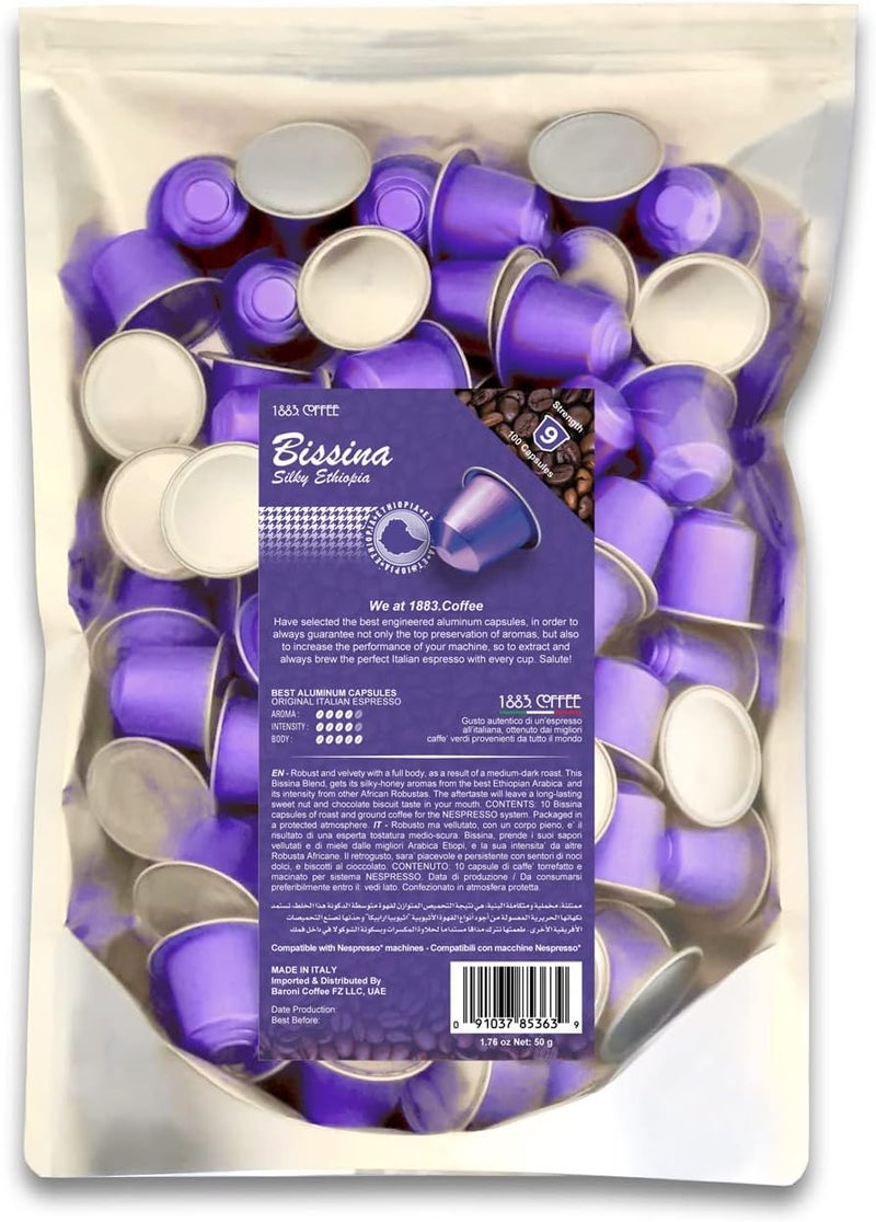 MUST 100 Coffee Capsules in 100% Aluminum Recyclable to Infinity, Robust and Velvety Blend Intensity 5/5, Box with 100 Loose Capsules Compatible with Nespresso Machine, Made in Italy