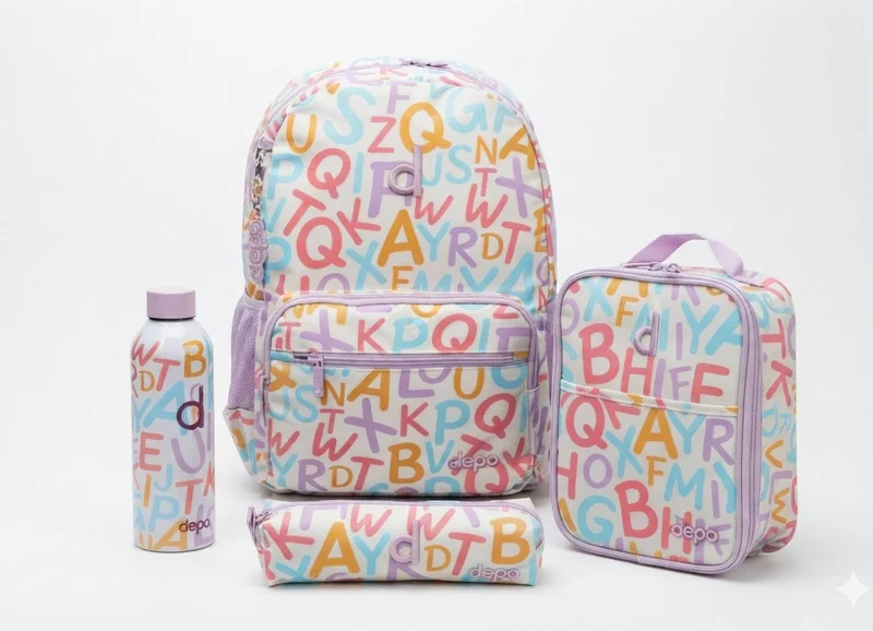 Depo DEPO 4-Piece School Backpack Set for Girls, 44cm Alphabet Print Backpack with Lunch Bag, Pencil Case & 500ml Stainless Steel Water Bottle