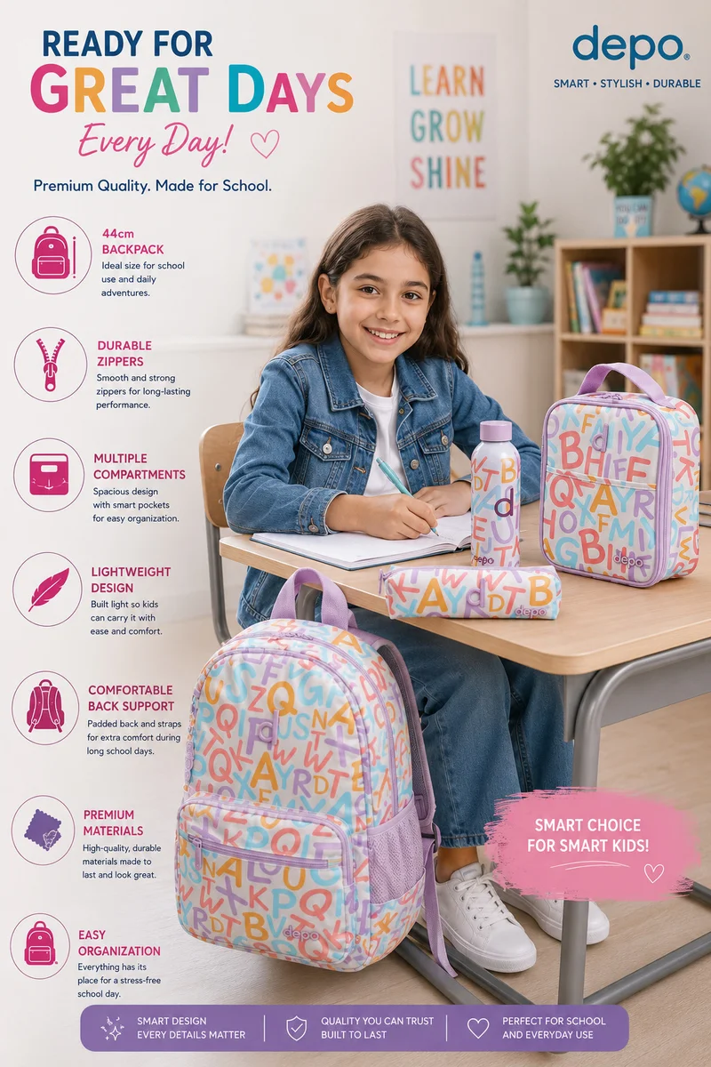 Depo DEPO 4-Piece School Backpack Set for Girls, 44cm Alphabet Print Backpack with Lunch Bag, Pencil Case & 500ml Stainless Steel Water Bottle