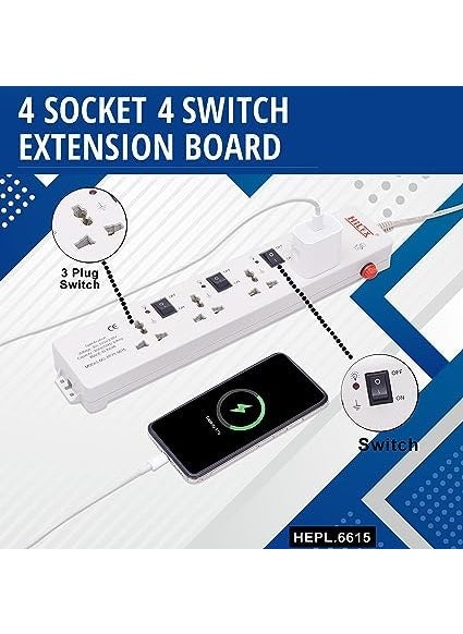 HILEX Hilex Extension Cord 4 Socket 4 Switch with Fuse 45 Meter Wire LED Indicator Individual Switches Universal Sockets Extension Cord HEPL6615  - Image 4