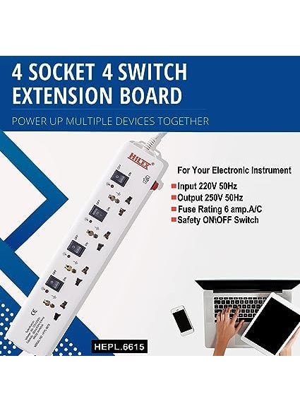 HILEX Hilex Extension Cord 4 Socket 4 Switch with Fuse 45 Meter Wire LED Indicator Individual Switches Universal Sockets Extension Cord HEPL6615  - Image 3
