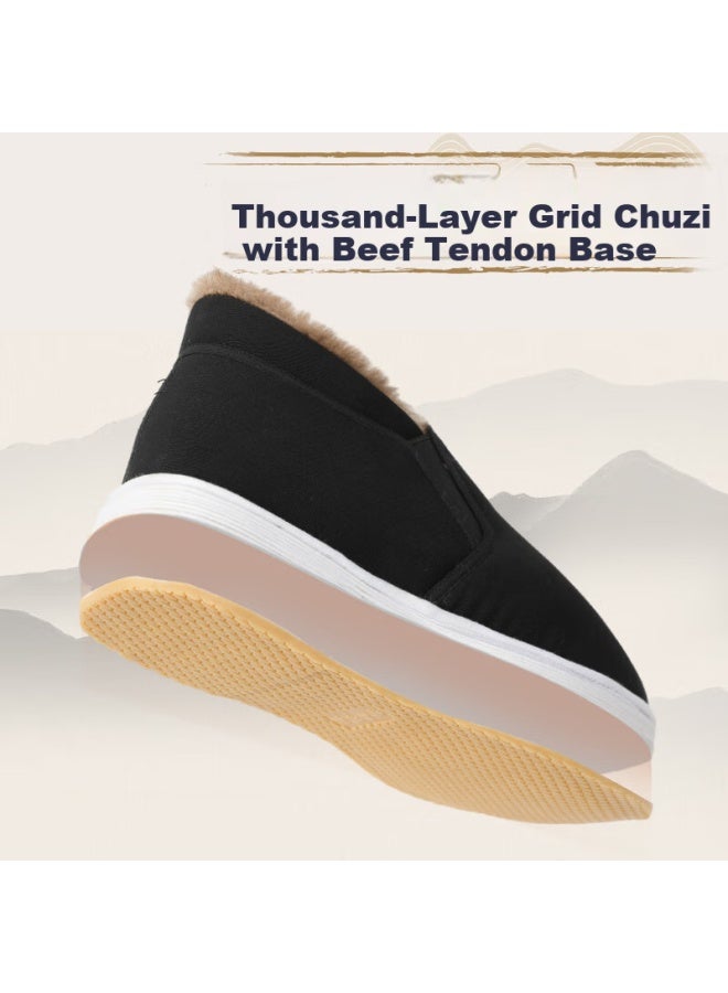 Footoppo Traditional Beijing Cloth Shoes For Men, Winter Fleece-lined Cowhide Sole, Soft-soled Non-slip Warm Cotton Shoes For Elderly Me - Image 2