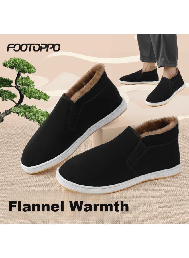 Footoppo Traditional Beijing Cloth Shoes For Men, Winter Fleece-lined Cowhide Sole, Soft-soled Non-slip Warm Cotton Shoes For Elderly Me - Image 1