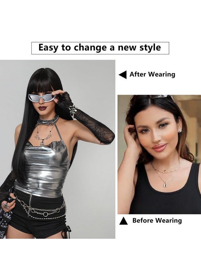 7JHH WIGS Long Straight Natural Black Wig With Bangs 28In Black Wig With Black Roots Natural Heat Resistant Fiber Synthetic Wigs For Women Girls Holiday Festival Chrismas Daily Party Used  - Image 2