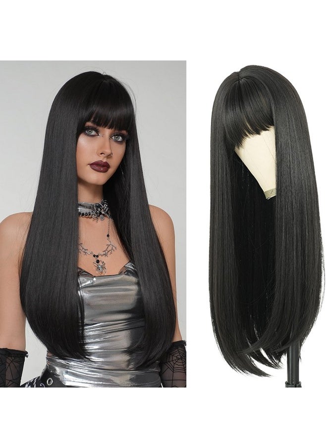 7JHH WIGS Long Straight Natural Black Wig With Bangs 28In Black Wig With Black Roots Natural Heat Resistant Fiber Synthetic Wigs For Women Girls Holiday Festival Chrismas Daily Party Used  - Image 1