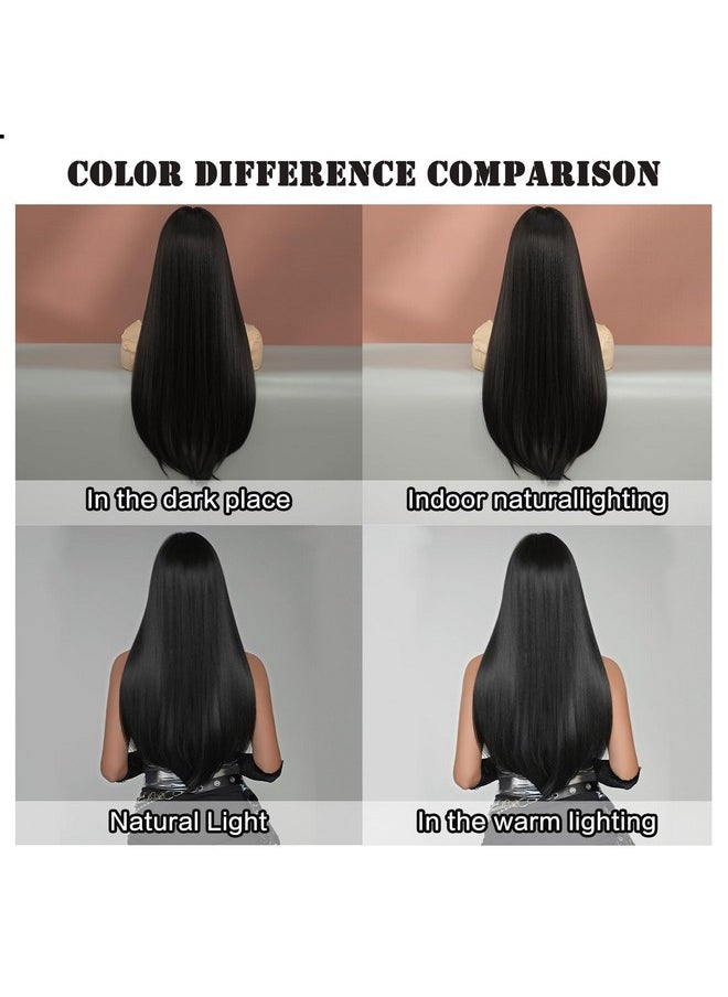 7JHH WIGS Long Straight Natural Black Wig With Bangs 28In Black Wig With Black Roots Natural Heat Resistant Fiber Synthetic Wigs For Women Girls Holiday Festival Chrismas Daily Party Used  - Image 3