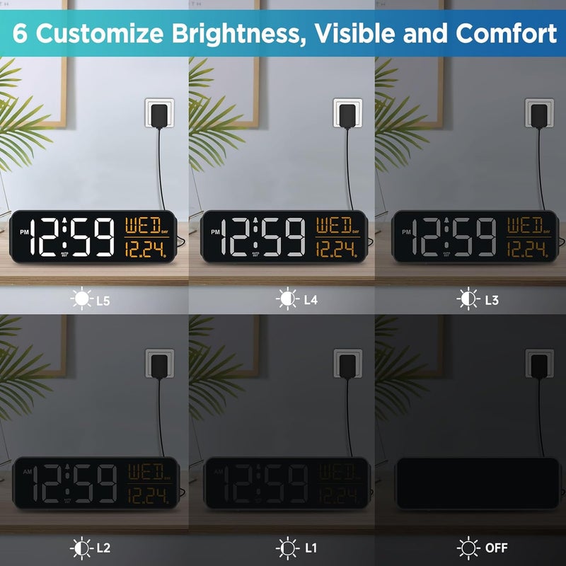 Peakeep Large Display Digital Alarm Clock for Bedrooms, Date Day of Week Desk Table Clocks for Living Room Office, Dimmable 5 Dimmers Plug in Electric Clock, Auto DST - Image 3