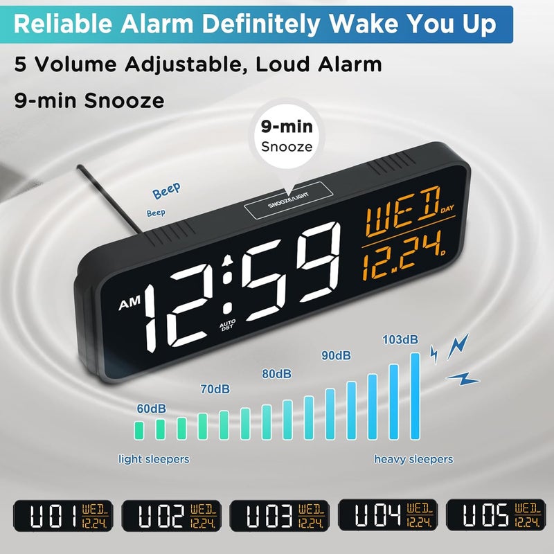 Peakeep Large Display Digital Alarm Clock for Bedrooms, Date Day of Week Desk Table Clocks for Living Room Office, Dimmable 5 Dimmers Plug in Electric Clock, Auto DST - Image 4