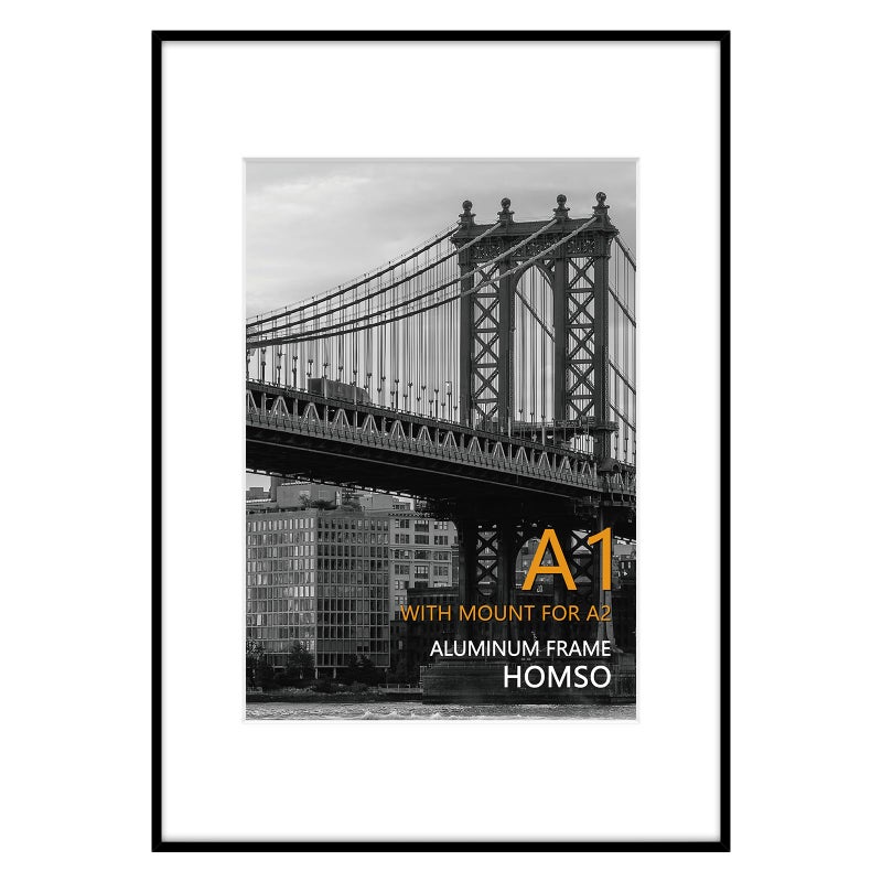 Homso A1 Poster Pciture Frame Display Pictures A2 with Mat or 234x331 Without Mat Thin Border Metal Frames with Plexiglass for Horizontal and Vertical Black