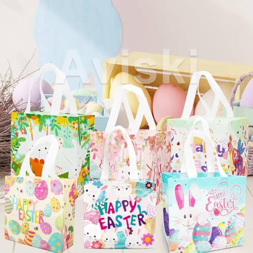 Aviski 6PCS Happy Easter Egg Hunt Bags, Assorted Sizes, Easter Bunny Carrot Chick Egg Treat Bag with Handles, Non-Woven Gifts Wrapping, Egg Hunt, Spring Party Supplies - Image 5
