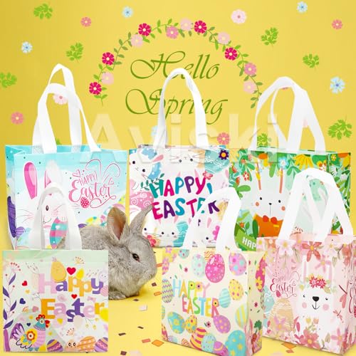 Aviski 6PCS Happy Easter Egg Hunt Bags, Assorted Sizes, Easter Bunny Carrot Chick Egg Treat Bag with Handles, Non-Woven Gifts Wrapping, Egg Hunt, Spring Party Supplies - Image 4
