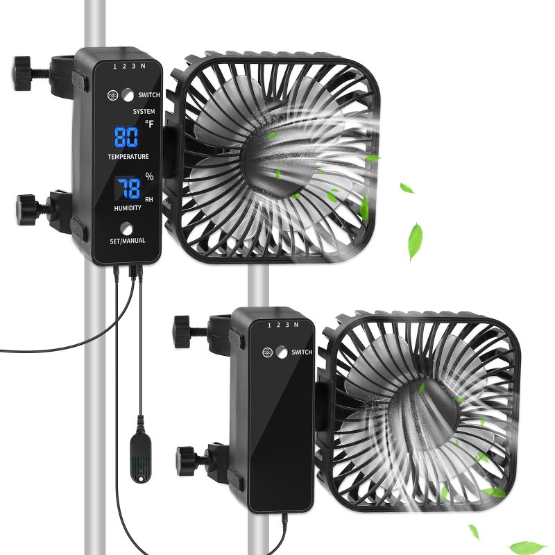DAOTAILI 2-Pack 4â€ Grow Tent Fan With Temperature And Humidity Meter,Automatic Humidity Control,Oscillating Fan For Hydroponic Ventilation Circulation With Clips,Adjustable Speed Quiet Greenhouse - Image 1
