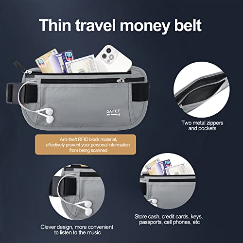 DAITET RFID Blocking Money Belt for Men Women, Slim Fanny Pack For Travel，Running,Conceal Waist Wallet For Passport Holder,Phone,Cash(Black Light Grey) - Image 2