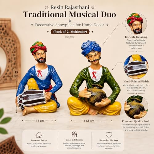 Xtore Resin Rajasthani Traditional Musical Duo | Decorative Showpiece for Home Decor (Pack of 2, Multicolor) - Image 5