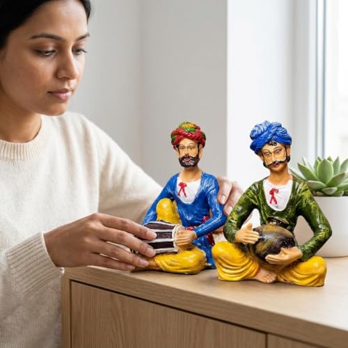Xtore Resin Rajasthani Traditional Musical Duo | Decorative Showpiece for Home Decor (Pack of 2, Multicolor) - Image 3