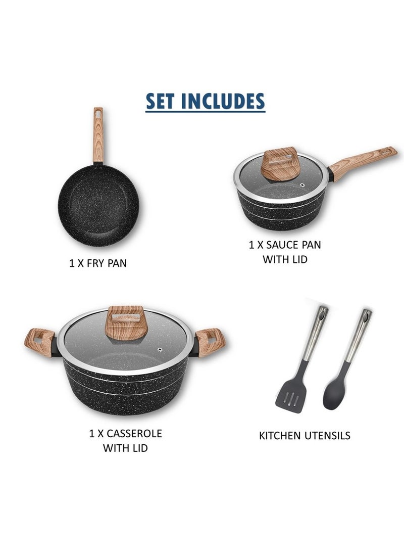 Auroware - Auroware 7 Piece Non Stick Cookware Set Frying Pan Casserole with Glass Lid Sauce Pan with Lid Kitchen Utensils Dishwasher Safe PFOA Free - Image 1