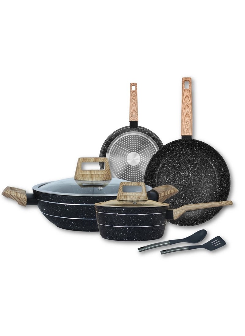 Auroware - Auroware 7 Piece Non Stick Cookware Set Frying Pan Casserole with Glass Lid Sauce Pan with Lid Kitchen Utensils Dishwasher Safe PFOA Free - Image 1