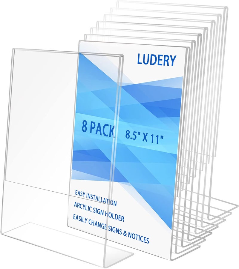 Ludery 8.5x11 Inches Acrylic Sign Slant Back Holder, Plastic Display Stand,Brochure Holder, Table Top Sign Holder For Office, Home, Store, Restaurant… (8pack) - Image 1