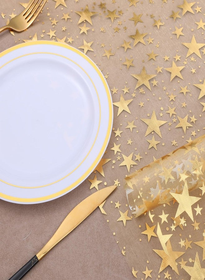 WJIAAA Gold Table Runner,16 Ft Golden Star Sheer Chiffon Tulle Table Runner,Sequin Glitter Metallic Foil Desk Decorations Centerpiece,Sequin Star Mesh Cloth for Wedding Birthday Christmas Party(Gold) - Image 4