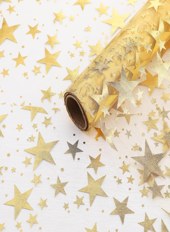 WJIAAA Gold Table Runner,16 Ft Golden Star Sheer Chiffon Tulle Table Runner,Sequin Glitter Metallic Foil Desk Decorations Centerpiece,Sequin Star Mesh Cloth for Wedding Birthday Christmas Party(Gold) - Image 1