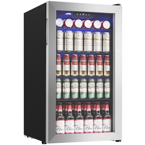 Icyglee Beverage Refrigerator Cooler - 126 Can Mini Fridge with Glass Door for Soda Beer or Wine, Beverage Cooler for Home, Office, Bar with Adjustable Removable Shelves, Silver - Image 1