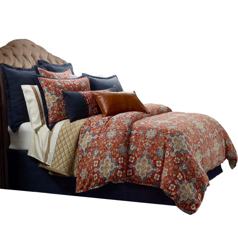 H HIEND ACCENTS HiEnd Accents Washed Linen Melinda 3 Piece Floral Comforter Set Queen Size Red Navy Blue Medallion Bedding Classic Western Modern Rustic Lodge Style Flower Linen Comforter with Pillow Shams 