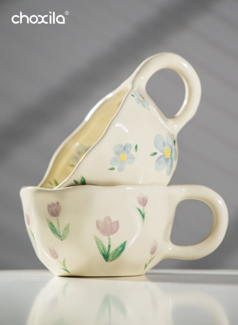 1 قطعة فنجان قهوة خزفي بتصميم زهري - أكواب للمكتب المنزلي - فنجان الإفطار - كوب الحليب