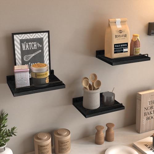 RYOFOBETTO Small Floating Shelf, 6X9 Inches Farmhouse Wall Shelves for Living Room, Bedroom, Picture Frames, Plants, Kitchen, Set of 3 (Black) - Image 3