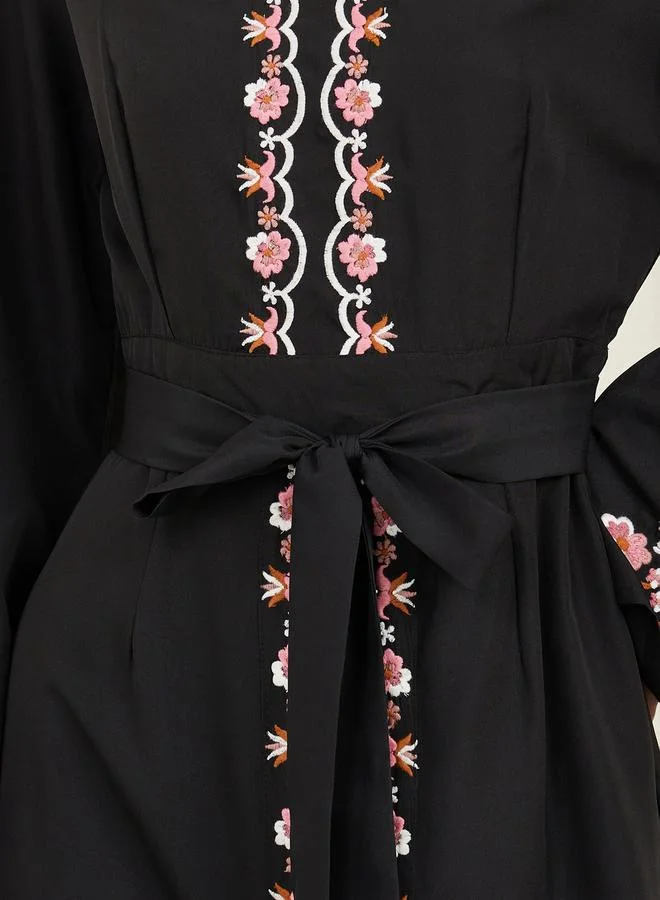 Styli Floral Embroidered Self Tie Up Maxi Dress
