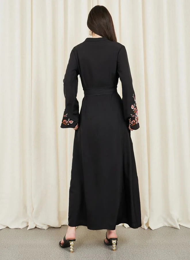 Styli Floral Embroidered Self Tie Up Maxi Dress