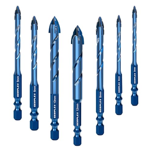 Serplex® 7Pcs Masonry Drill Bit Set, Industrial Strength Tungsten Steel Carbide Drill Bit Tip, 3/4/5/6/8/10/12mm Drilling Bits with Hexagonal Handle, for Wood, Glass, Tile, Metal (within 3mm), Plastic - Image 1
