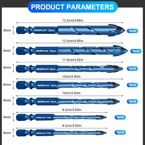 Serplex® 7Pcs Masonry Drill Bit Set, Industrial Strength Tungsten Steel Carbide Drill Bit Tip, 3/4/5/6/8/10/12mm Drilling Bits with Hexagonal Handle, for Wood, Glass, Tile, Metal (within 3mm), Plastic - Image 2