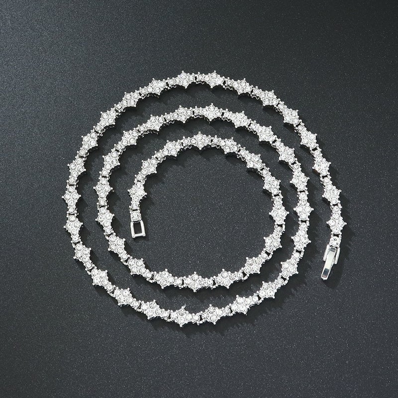 Ins Style Mens and Womens Couples New Arrival Trendy Full Diamond Flower-Shaped Cross Necklace Light Luxury Stitching Collarbone Neck Chain Tennis Silver