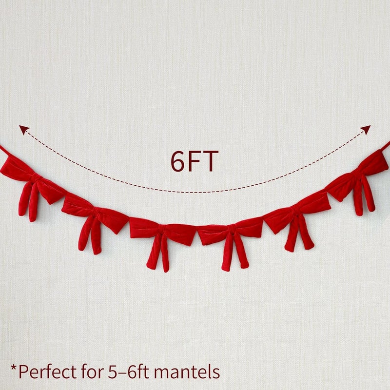 ORIENTAL CHERRY Christmas Decorations - 6 Ft Red Velvet Bow Garland - Xmas Decor for Mantel Fireplace Shelf Cabinet Stand Door Window Frame Bedroom Living Room Home Entryway Indoor Holiday Decoration - Image 2